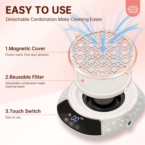 CHRISTINE SHELLY 3500RPM Cordless Nail Dust Collector,Portable Dust Collector Nail Tech with LED Display,Rechargeable Dust Suction Machine with Reusable Fillter for Acrylic Gel Polish,Salon & Home