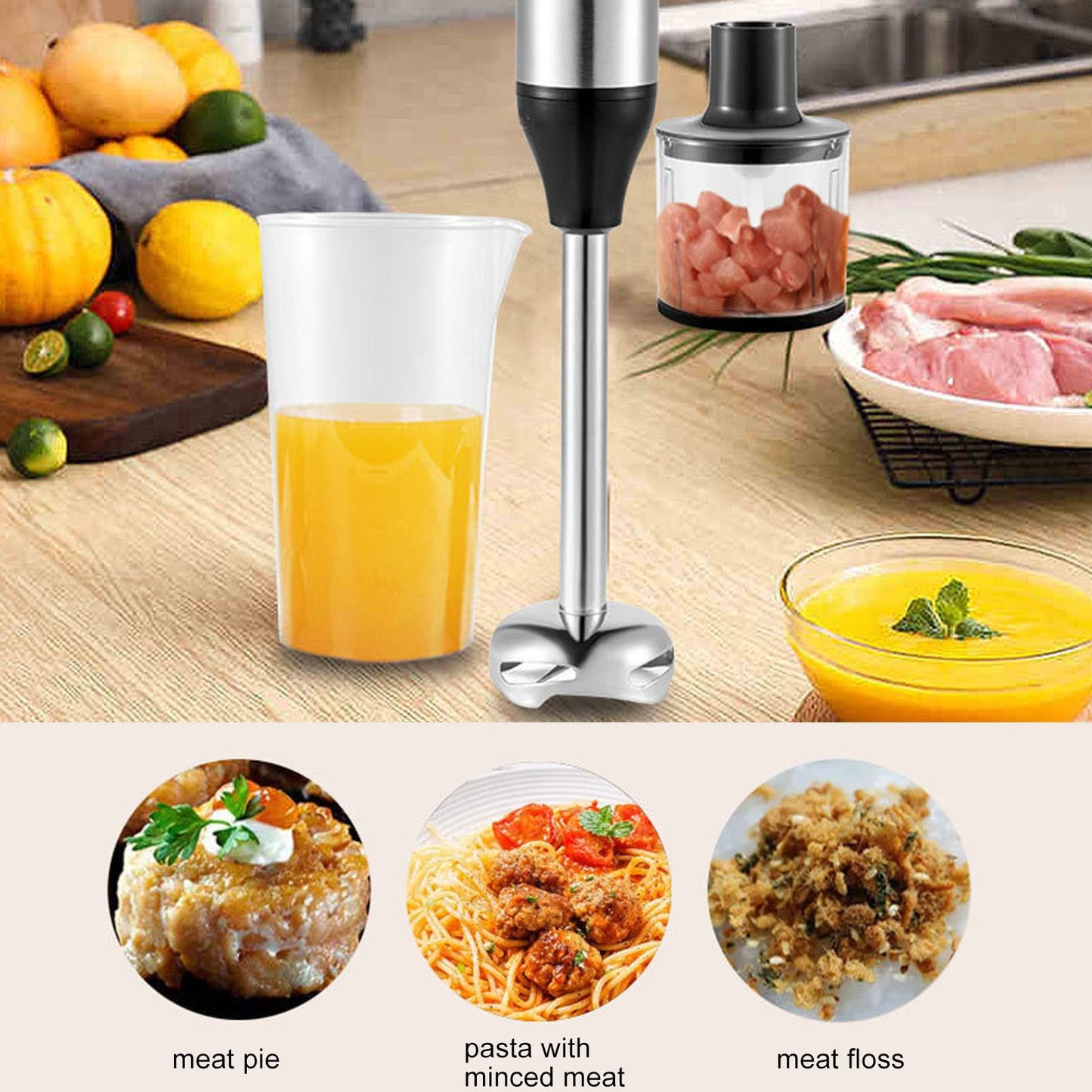 4 In 1 Multifunctional Hand Blender, Immersion Hand Blender, Stainless Steel Food Processor 700ml Mixing Cup 500ml Meat Grinding Bowl US Plug 110V