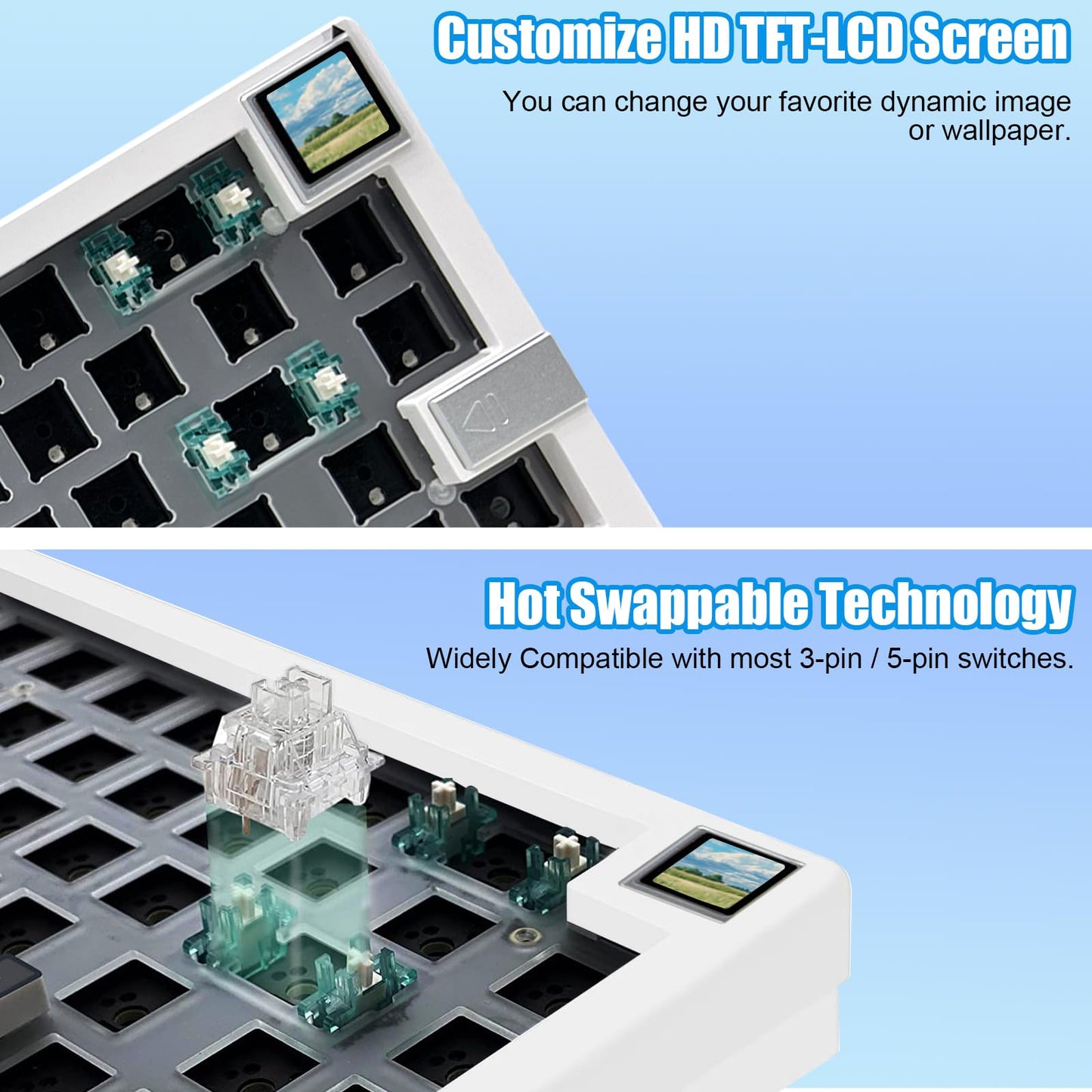 ZMX GMK67S Keyboard Barebones Kit,65% Gasket Mount Hot Swap PCB Tri-Mode BT5.0/2.4G/Type-C Wireless Mechanical Keyboard with TFT-LCD Screen VIA Programmable Custom RGB Gaming Keybaord DIY Kit (White)