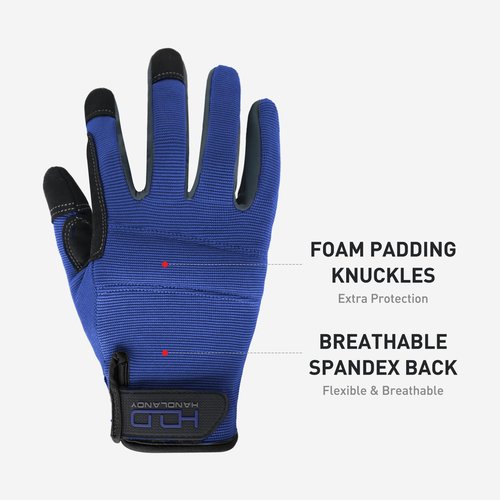 HANDLANDY Mens Work Gloves Touch Screen, Synthetic Leather Utility Gloves, Flexible Breathable Mechanics Gloves- Padded Knuckles & Palm (Medium, Blue)