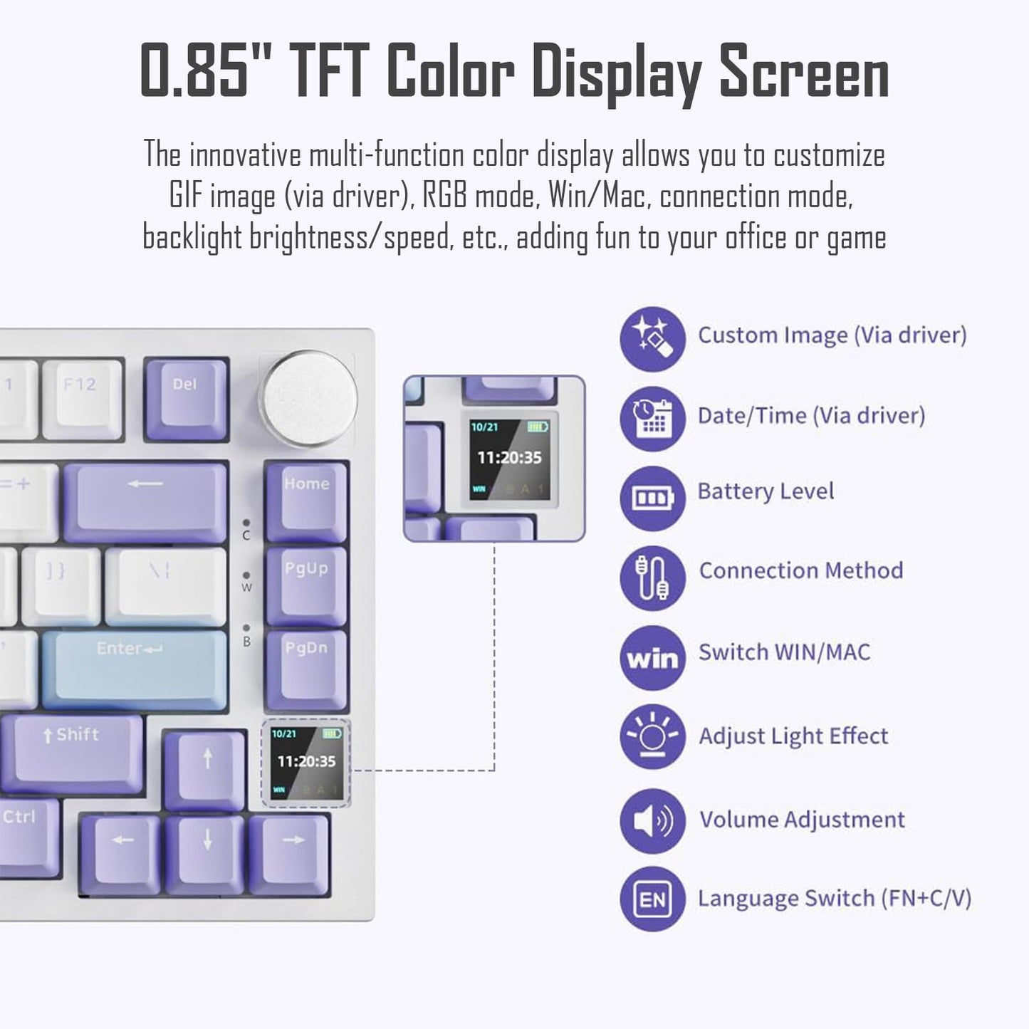 AJAZZ AK820 Pro 75% Gasket RGB Wireless Mechanical Keyboard with TFT Screen, Volume knob, Bluetooth/2.4G/Wired 3-Modes, Compact 82 Hot-Swap Keys, Tricolor PBT Keycap, 4000 mAh (Purple&Blue 3-Modes)