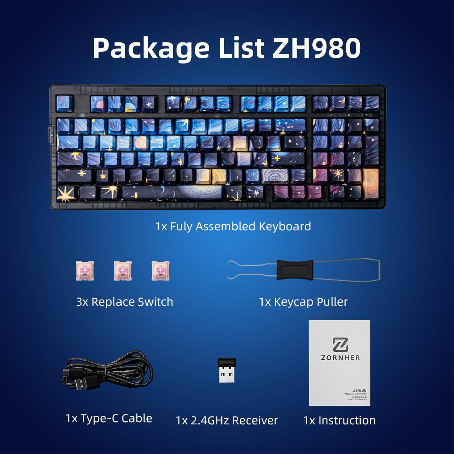 ZORNHER ZH980 Wireless Mechanical Gaming Keyboard,95% Blue Creamy Keyboard with Number Pad,Van Gogh's Starry Night Dye Sublimation PBT Keycaps,Pre-lubed Linear Switches,Hot-Swappable,RGB Backlit