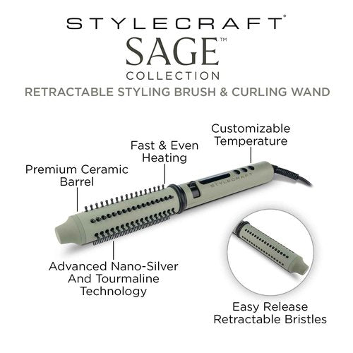 StyleCraft Sage 2-in-1 Ceramic Barrel Styling Brush and Curling Wand with Retractable Bristles, Tourmaline Technology, and Customizable Temperatures