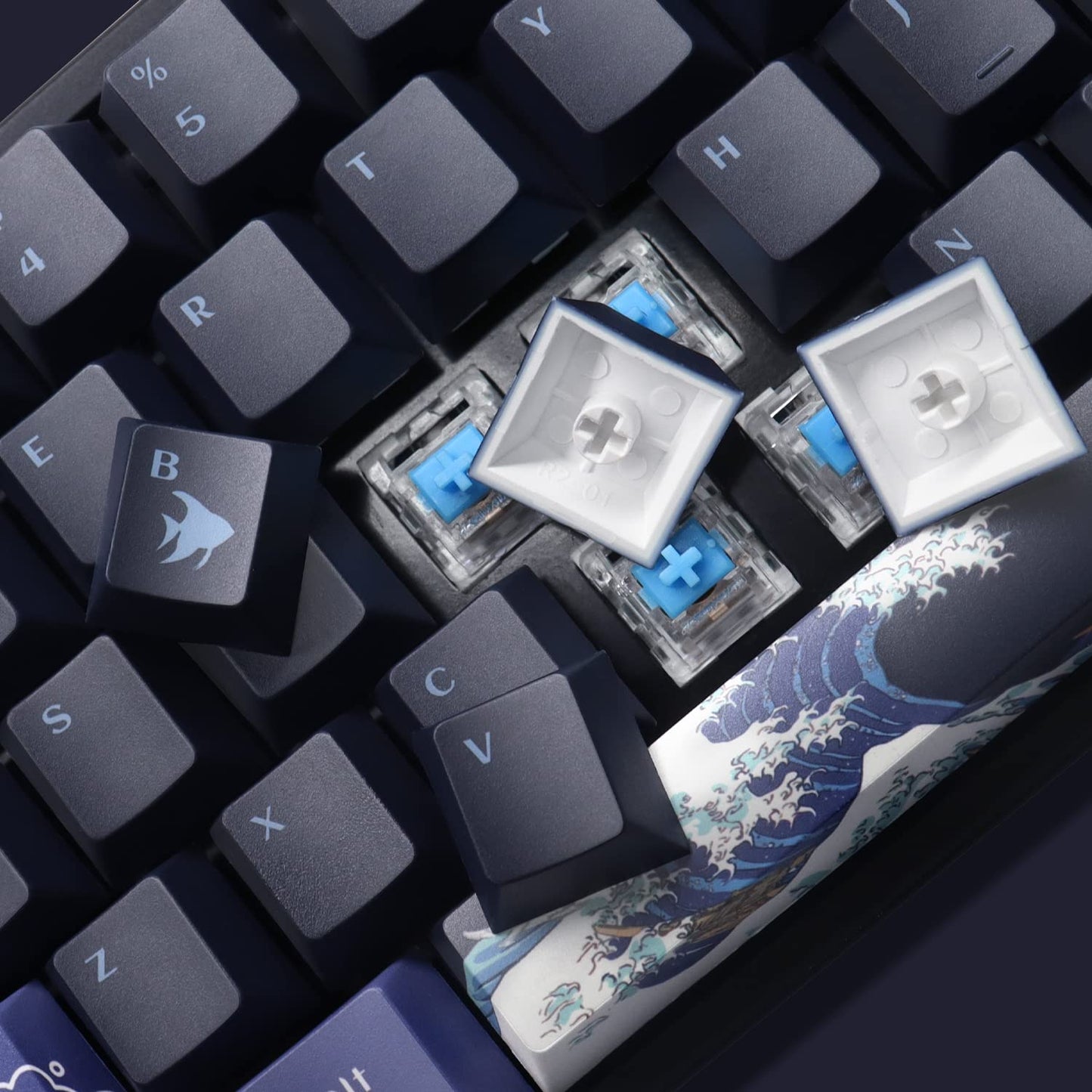 XVX PBT Keycaps - Great Wave of Kanagawa Japanese Design, Dye-Sub Custom Keycaps Set, Cherry Profile for 61/64/66/68 Cherry/Gateron MX Switches, 78 Key Set