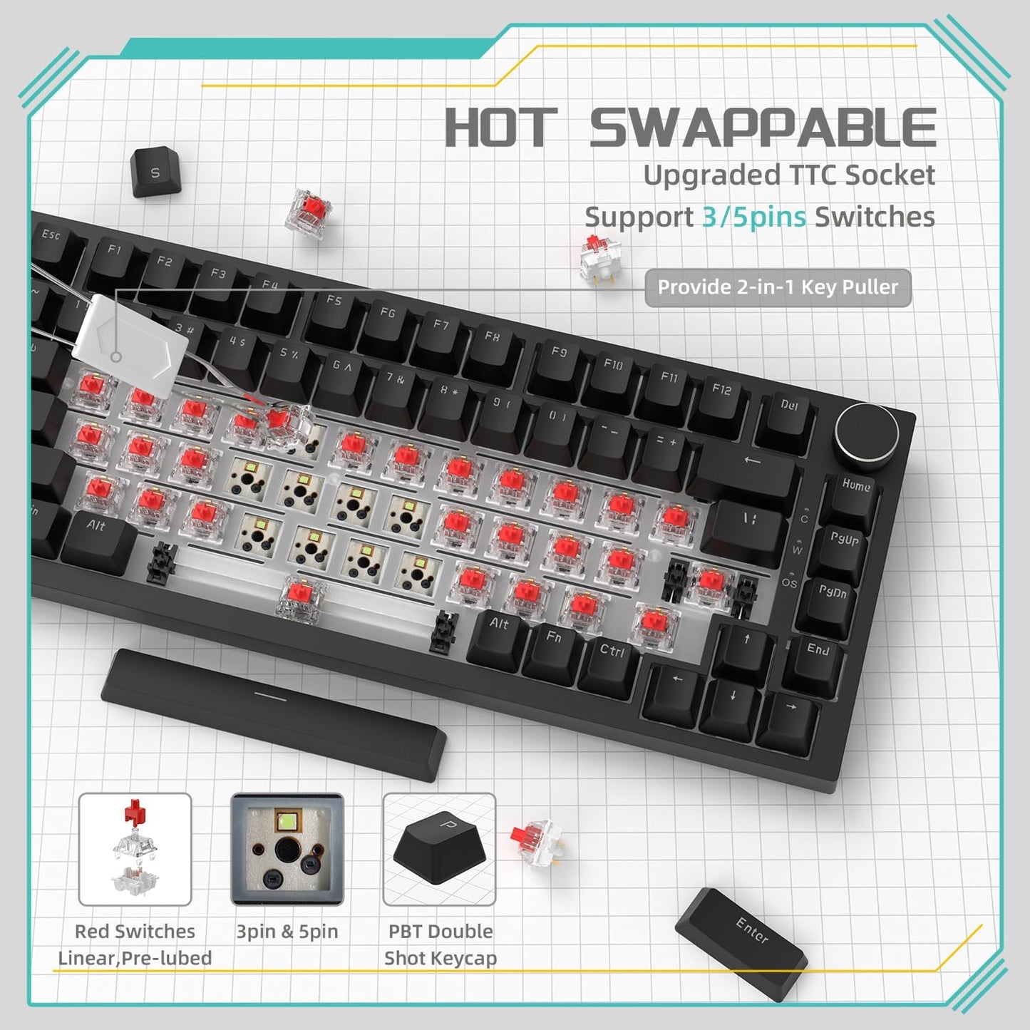 Attack Shark ajazz AK820 Pro 75% Mechanical Keyboard and Coiled Cable Hot Swappable Wireless 2.4GHz/Bluetooth/Wired TFT Screen & Knob Flying Fish Switch RGB Gasket Mount Custom Keyboard-Black