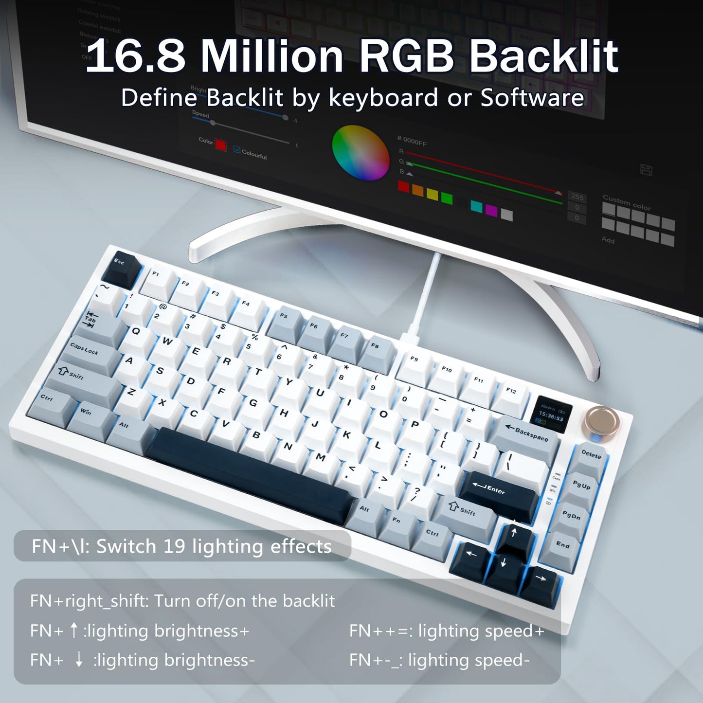 75% Wireless Mechanical Gaming Keyboard, Creamy Sound, Hot Swappable, Pre-lubed Linear Switches, Gasket Structure, Multimedia Display, RGB Backlit, 2.4GHz/USB/BT5.0, Custom Keyboard for Win/Mac