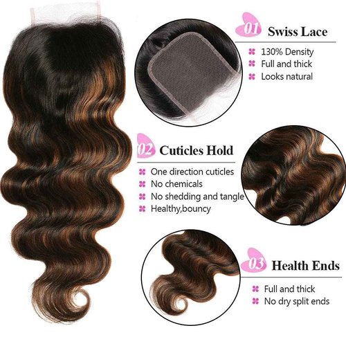 UNICE Ombre Highlight Body Wave 4x4 Lace Closure Free Part, Brown Human Hair Wavy Closure with Dark Roots FB30 Color 14 inch