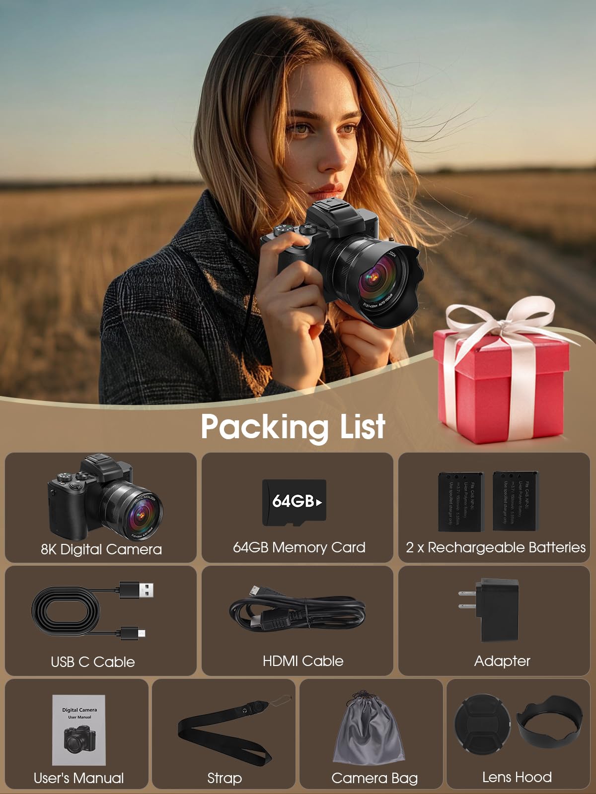 8K Digital Camera, 88MP Cameras for Photography with WiFi & Touch Screen, 16X Zoom Vlogging Camera for YouTube Video, Autofocus & Anti-Shake, Dual Camera, 2 Batteries, 64GB Card, Flash, Lens Hood
