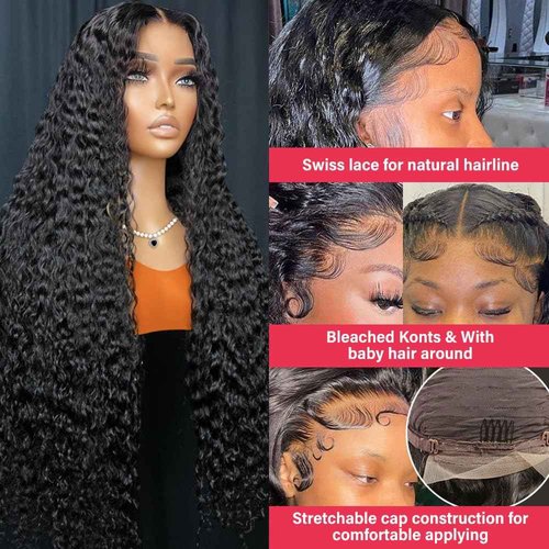 Chsxc 28 Inch Deep Wave Lace Front Wigs Human Hair 200% Density 13x4 HD Lace Front Wigs Human Hair Pre Plucked Deep Curly Wig for Women Natural Black