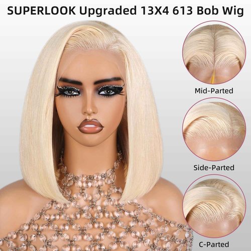 SUPERLOOK Blonde Bob Wig Human Hair 613 Lace Front Wig Human Hair 13X4 lace Front Bob Wig Pre Plucked With Baby Hair 210% Density 613 Short Bob Wigs for Women 10inch