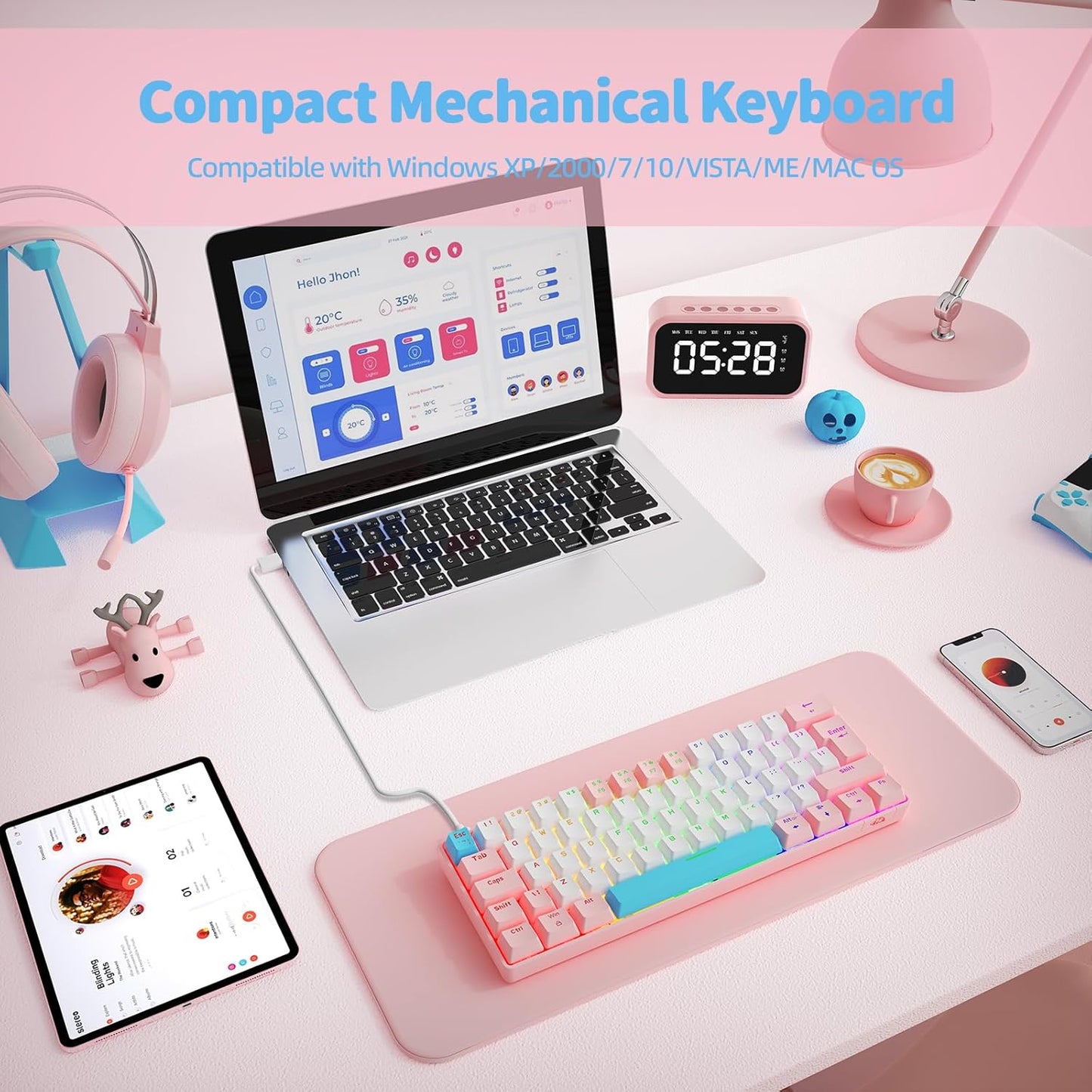 ZIYOU LANG T60 Wired 60% TKL Mechanical Gaming Keyboard with Led Rainbow Backlight Ultra-Compact NKRO Tactile Clicky Blue Switch Tri-Color ABS Keycap for Windows Laptop PC Mac Gamer(Pink/White)