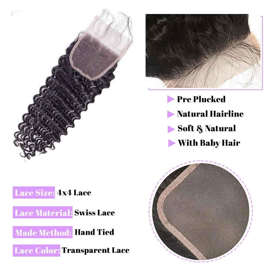 Human Hair Bundles with Closure (20 22 24+18 Closure) Deep Wave Bundles with Closure 100% Unprocessed Brazilian Virgin Curly Closure with Bundles Human Hair Weave with 4x4 Lace Closure Natural Color