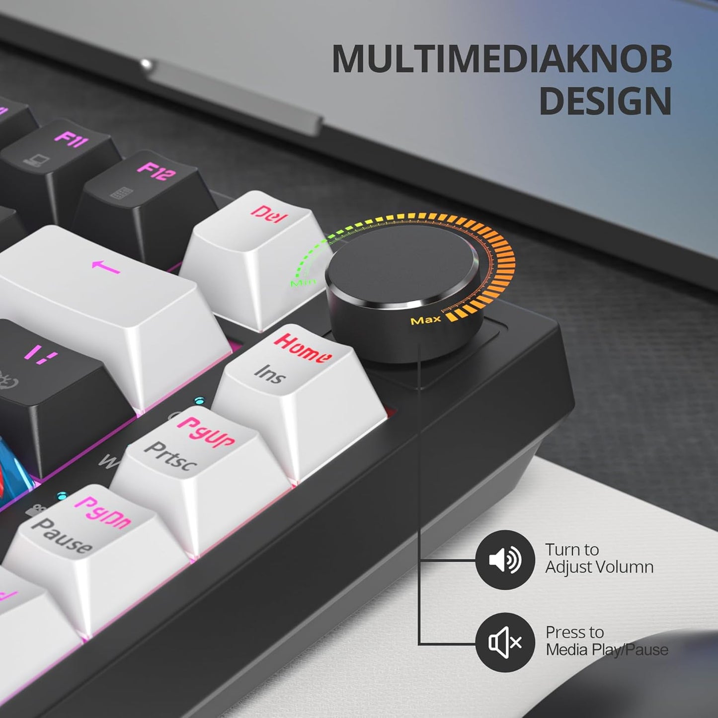 75% Mechanical Gaming Keyboard with Volumn Knob, Gasket Hot Swappable RGB, Wired, Red Switch, 82 Keys Compact Creamy (Black Grey)