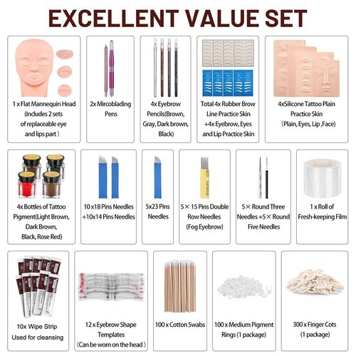 Microblading Supplies, Beauty Star Microblading Kit, Microblading Practice Skin with Microblading Pen, Eyebrow Tattoo Kit with Pigment Ink, Mannequin Head Set for Microblading and Makeup Practice