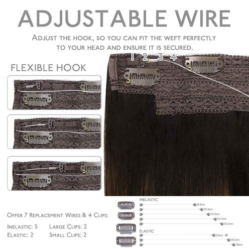 WENNALIFE Wire Hair Extensions (Increase 50% Lifespan) Real Human Hair 16 inch 125g Balayage Dark Brown to Chestnut Brown Remy Hair Invisible Transparent Wire Fish Line Straight Reusable Natural