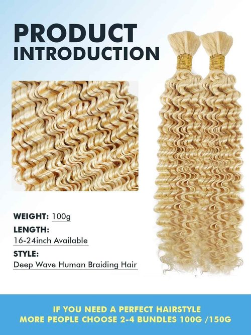 Human Braiding Hair for Boho Braids 100g 20 Inch 613 Blonde Brown Curly Boho Hair for Braiding Knotless 12A Deep Wave Bulk Bohemian 2 Bundles/Pack Color 613