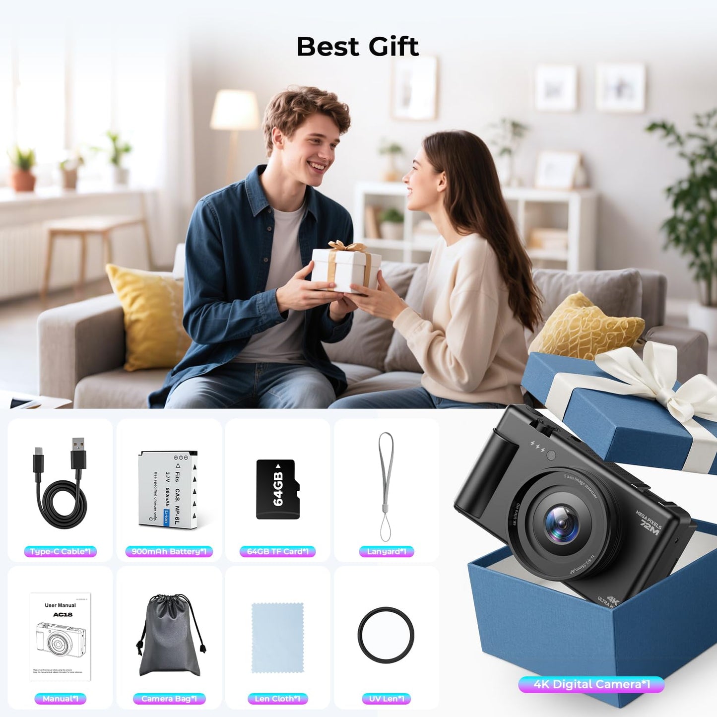 4K Digital Camera for Photography, 72MP Autofocus Vlogging Cameras for YouTube with 64GB SD Card and Battery, 18X Digital Zoom 2.8" 270° Flip Screen Compact Travel Camera for Teens