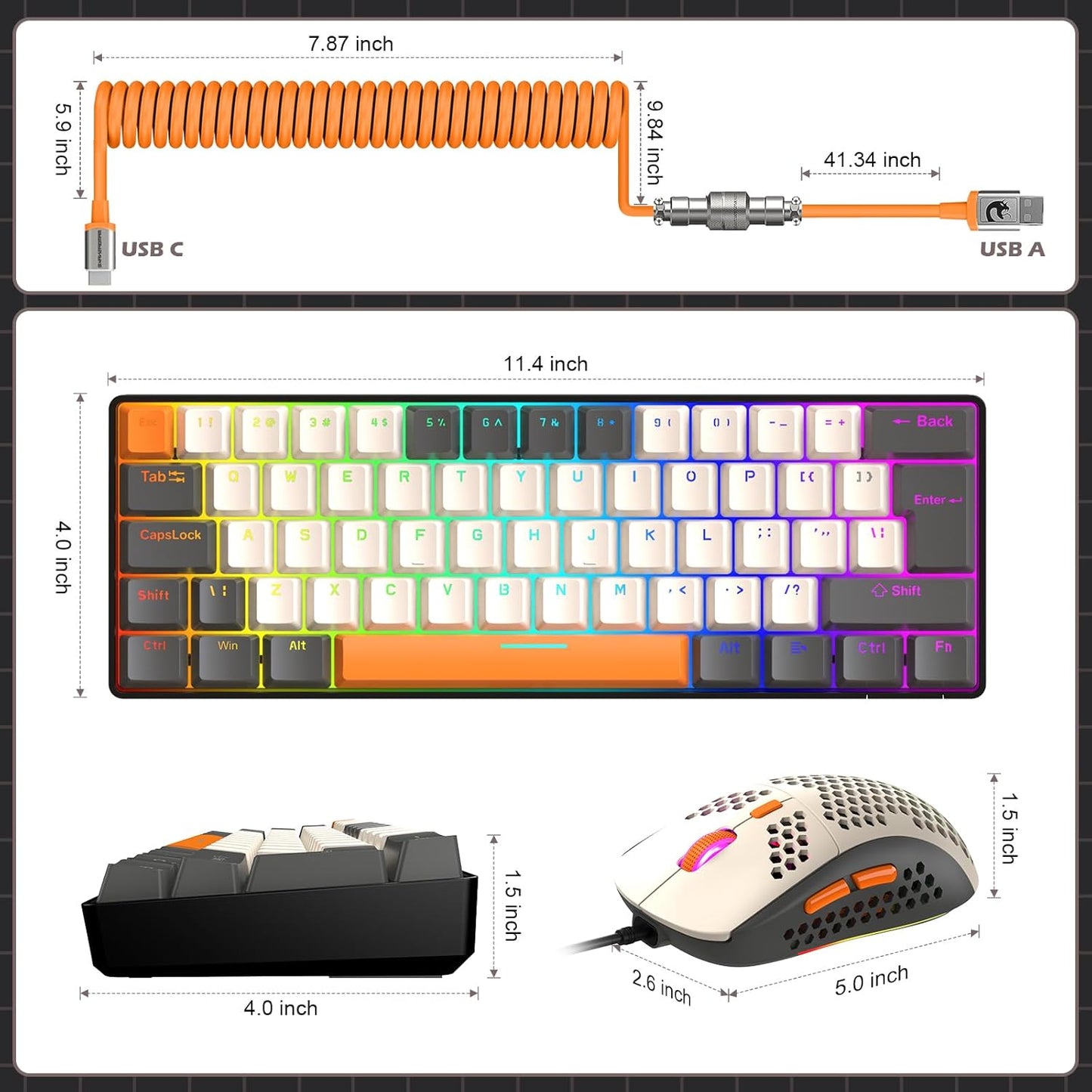 ZIYOU LANG RK-T60 Wired Mechanical Gaming Keyboard Mini Portable with Rainbow Backlit 62Key ABS Keycaps Full Anti-Ghosting Ergonomic Design Coiled Aviator Cable for PS4/PC/WIN Gamer(Blue/Red Switch)