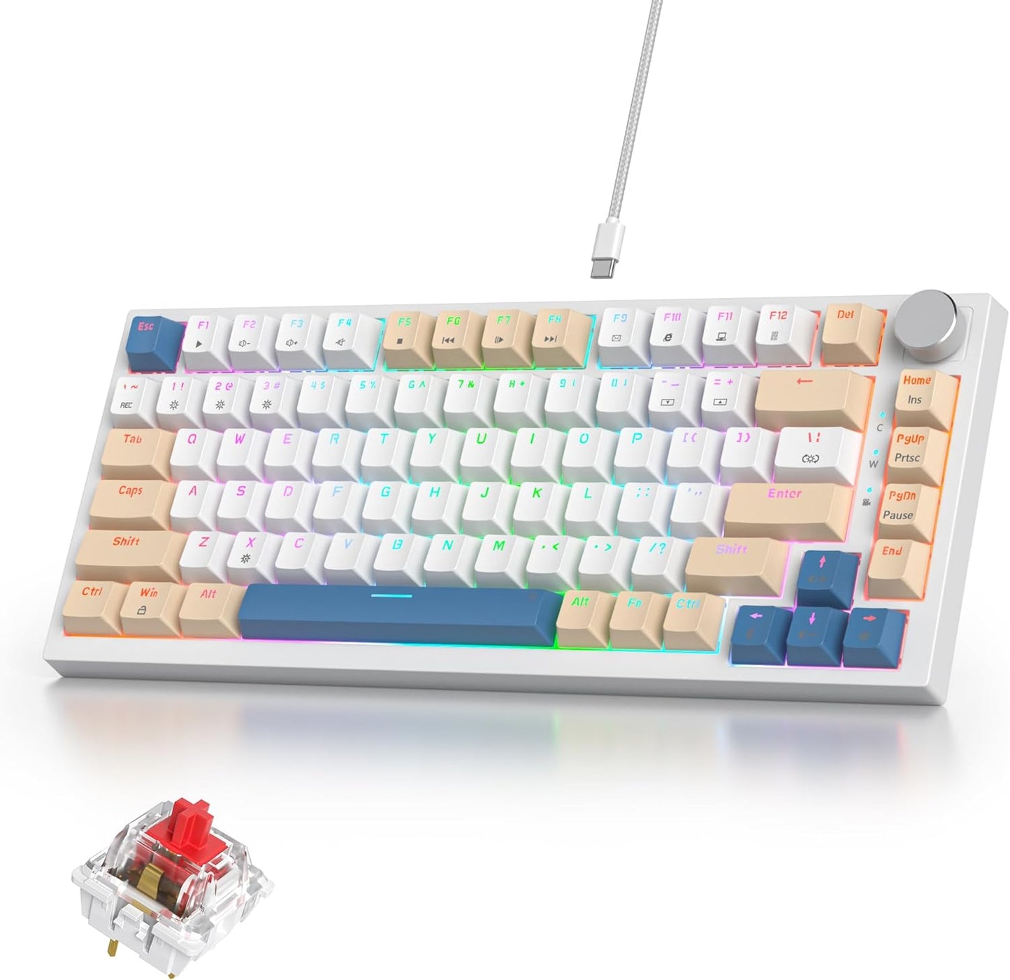 75% Mechanical Gaming Keyboard with Volumn Knob, Gasket Hot Swappable RGB, Wired, Red Switch, 82 Keys Compact Creamy (Black Grey)