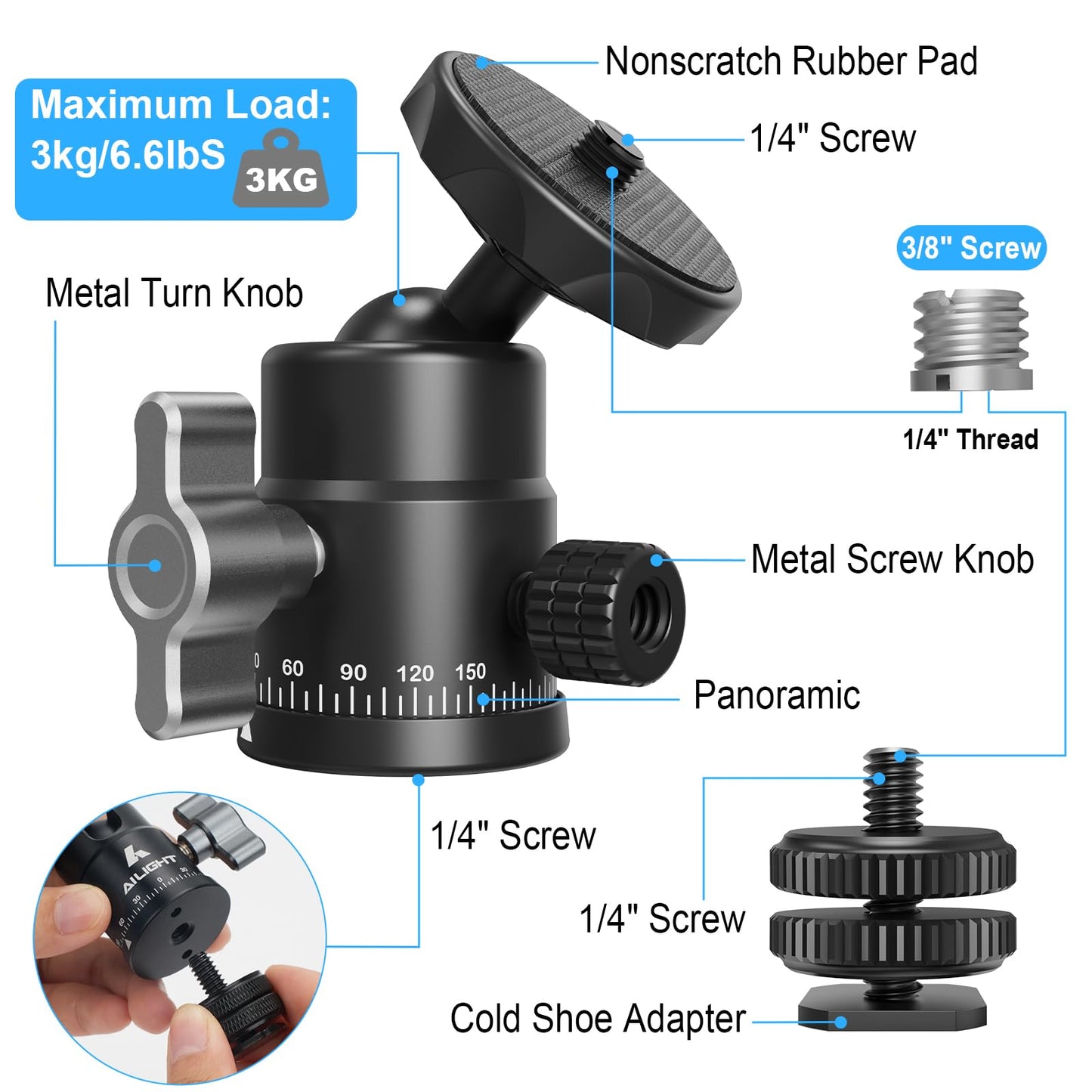 Ailight Mini Ball Head, 360° Panoramic Tripod Head, Universal 1/4" to 3/8" Screw Adapter Swivel Mini Ball Head Screw Tripod Mount, Dual Cold Shoe Mount for DSLR Cameras Camcorder(2 Pack
