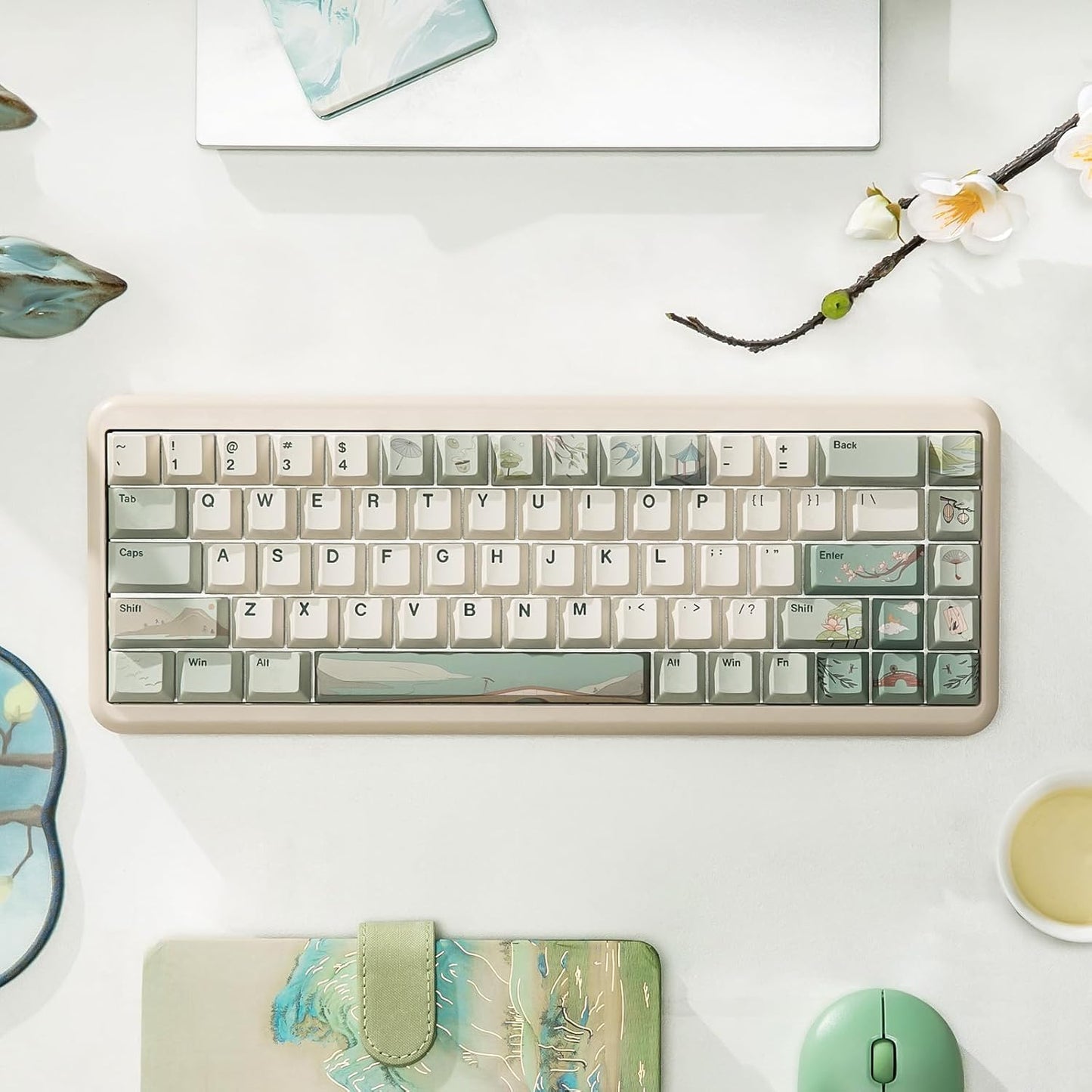 YUNZII Spring Tea Dye Sub PBT Keycaps,145 Full Keys Dye Sublimation PBT Custom Keycap Set with Key Puller for Cherry Gateron MX Switches Mechanical Gaming Keyboard (Cherry Profile, Spring Tea)