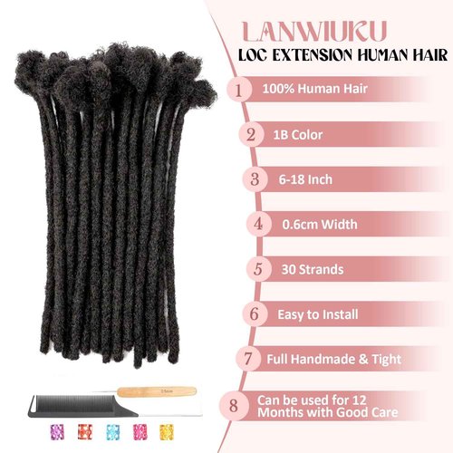 LANWIUKU Loc Extensions Human Hair 16 Inch 30 Strands 0.6cm Width Dreadlock Extensions Human Hair for Women Men Kids Full Handmade Permanent Locs Can Be Dyed and Bleached