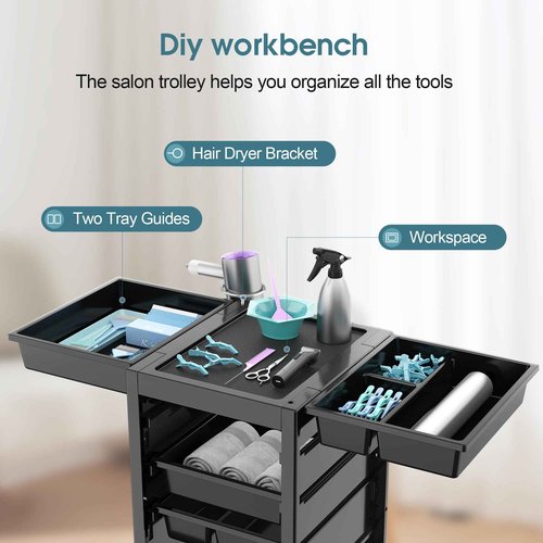 Salon Trolley Salon Cart on Wheels Rolling Tray Large Storage Salon Trolley W/Hair Dryer Holder, 4 Remove Drawers, 2 Buckets for Salon Spa Store