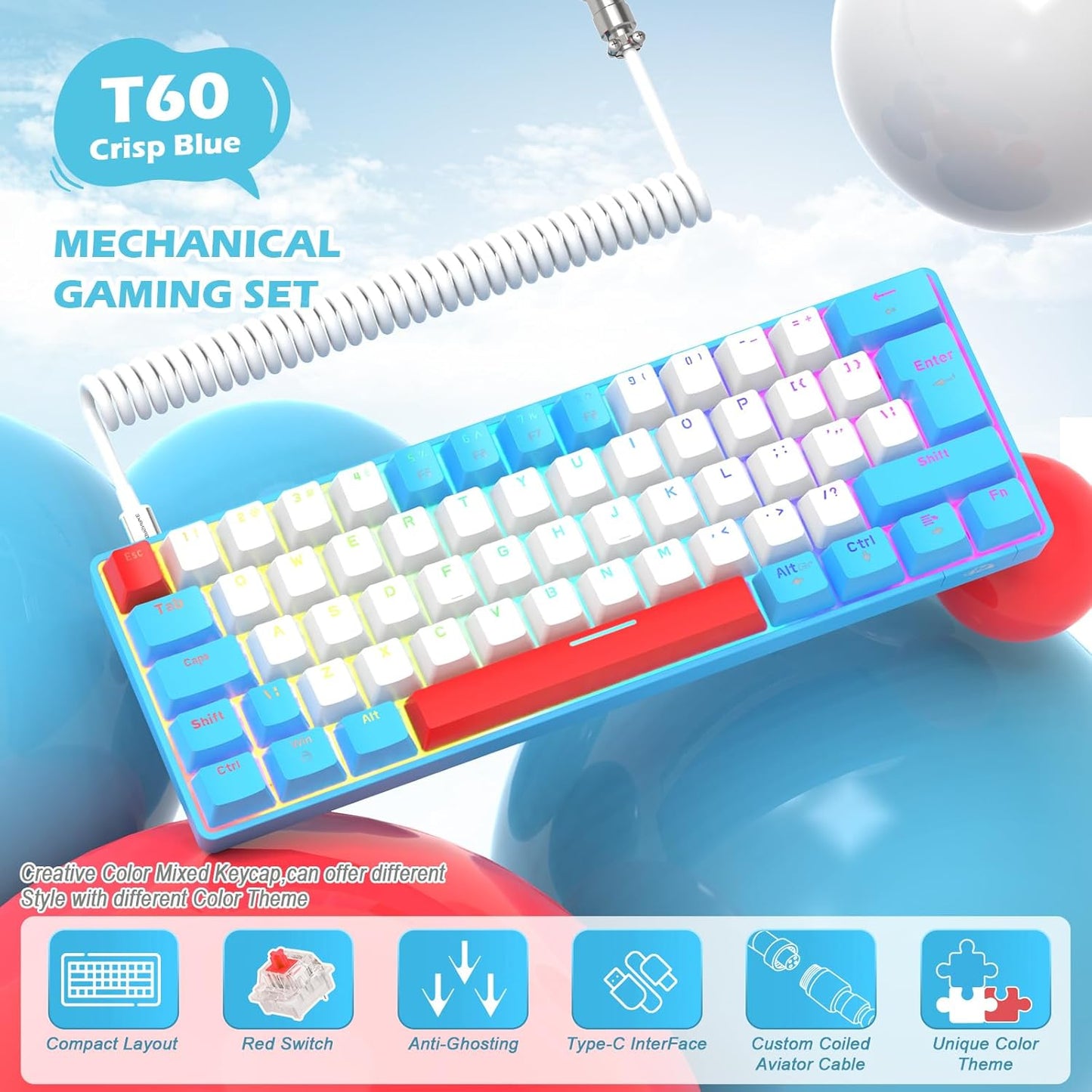 ZIYOU LANG RK-T60 Wired Mechanical Gaming Keyboard and Mouse Combo Portable with Rainbow Backlit 62Key NKRO 6400DPI RGB Honeycomb Mice Coiled Aviator Cable for PS4/PC/WIN Gamer(Dark Gray/Blue Switch)