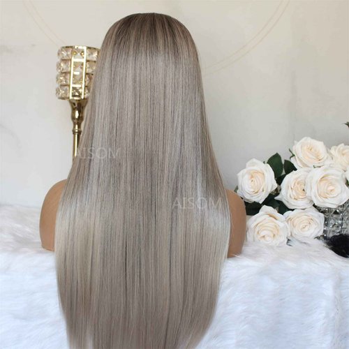 Aisom Ash Grey Lace Front Wigs For Women Synthetic Ombre Lace Frontal Wig Dark Roots Ash Brown Long Wig Lace Front Synthetic Wigs 24 inch