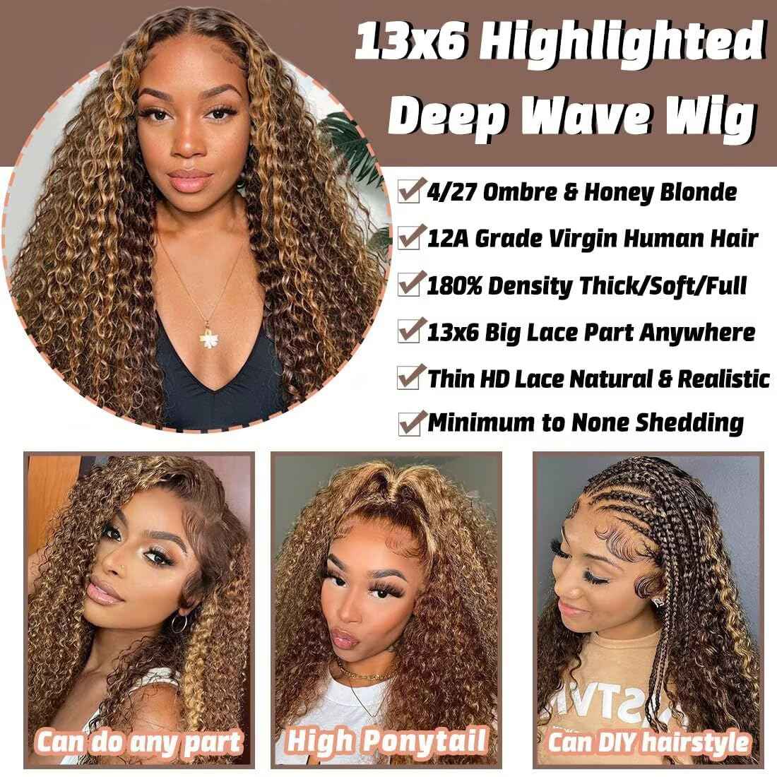 Highlight Ombre Lace Front Wigs Human Hair Honey Blonde Deep Wave 13x6 HD Transparent Lace Frontal Wigs Human Hair P4/27 Colored Curly Wig for Women 180% Density Glueless Pre Plucked 24 Inch Wig