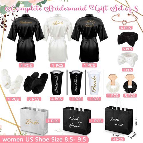 Shyyween 42 Pcs Bridesmaid Bride Robes Set of 6 Bridal Party Silk Satin Robes for Wedding Bachelorette Party Gifts(White,Black)