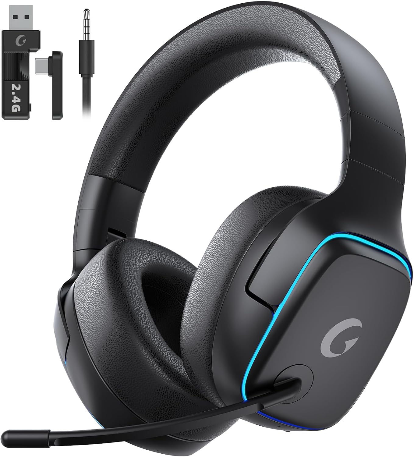 2.4GHz Wireless Gaming Headsets for PS5, PS4, PC, Switch - Bluetooth 5.3 Gaming Headphones with Noise Canceling Mic, 7.1 Surround Sound, 70H Battery, Blue Lighting - White