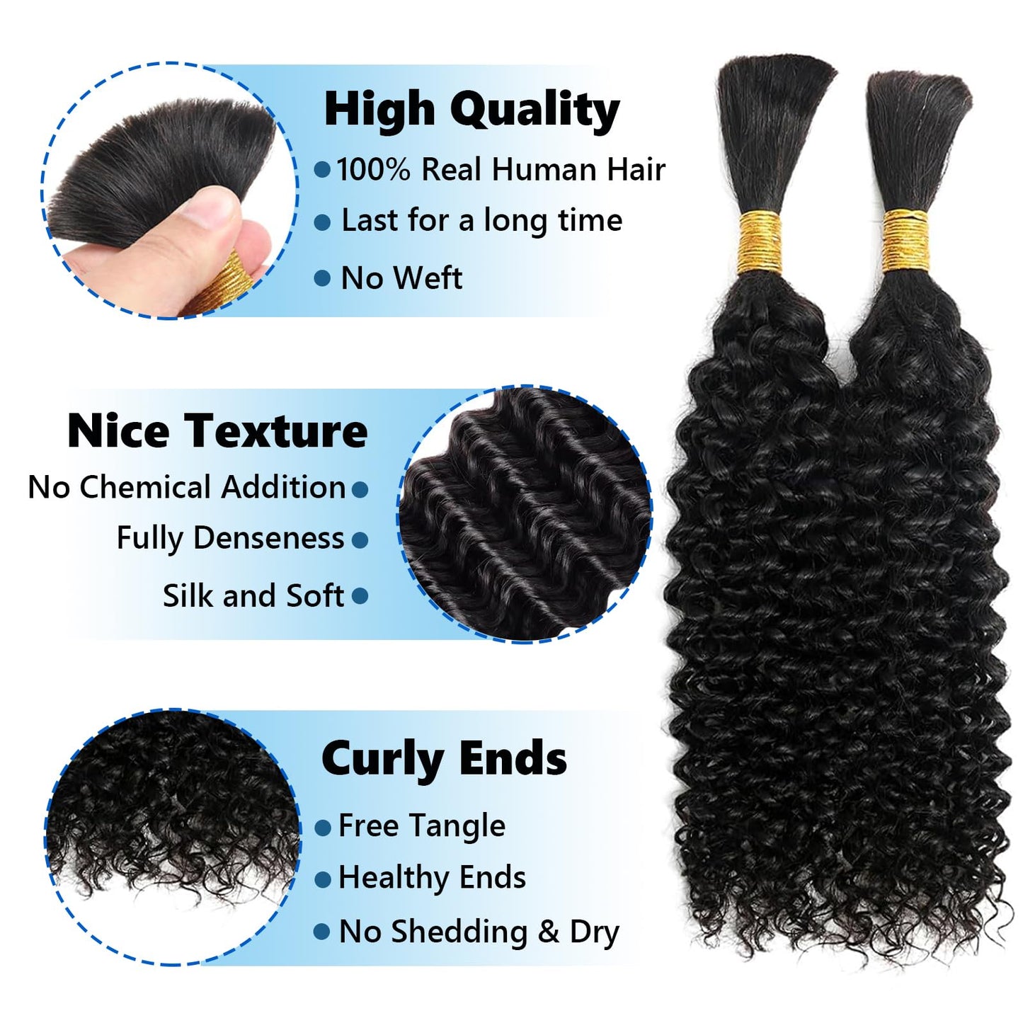 Human Braiding Hair 24 inch 110g Jerry Curly 12A Real Human Hair Boho Human Hair For Braiding No Weft 2 Braids Per Pack Wet and Wavy Human Hair Braiding Hair Natural Black