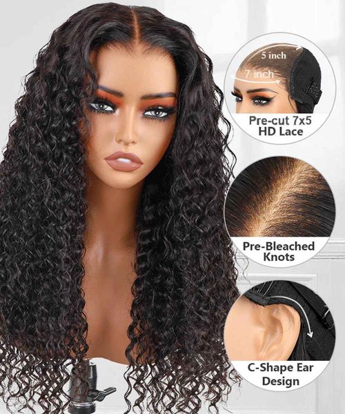 AOFEER 200% Density Deep Wave Wear and Go Glueless Wigs Human Hair Pre Plucked Pre Cut 7x5 HD Lace Front Wigs Pre Bleached Bye Bye Knots Deep Curly Lace Closure Wigs Human Hair for Women 18 Inch