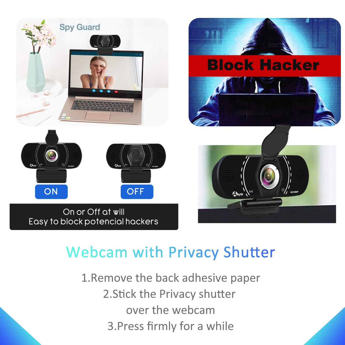 Akyta Web Camera for Laptop, 1080P Webcam with Noise-Canceling Microphone/Privacy Cover & Wide Angle 110°, USB Web Camera for Desktop Computer PC Mac Video Calling/Streaming/Zoom Conference