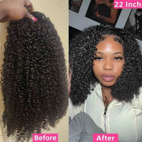 Jilnor Half Wig 200 Density Kinky Curly Half Wig Human Hair Glueless Wear Go Curly Wig Beginner Friendly Seamless Flip Over Wig with Drawstring 3 In 1 Headband Wig for Women 16 Inch