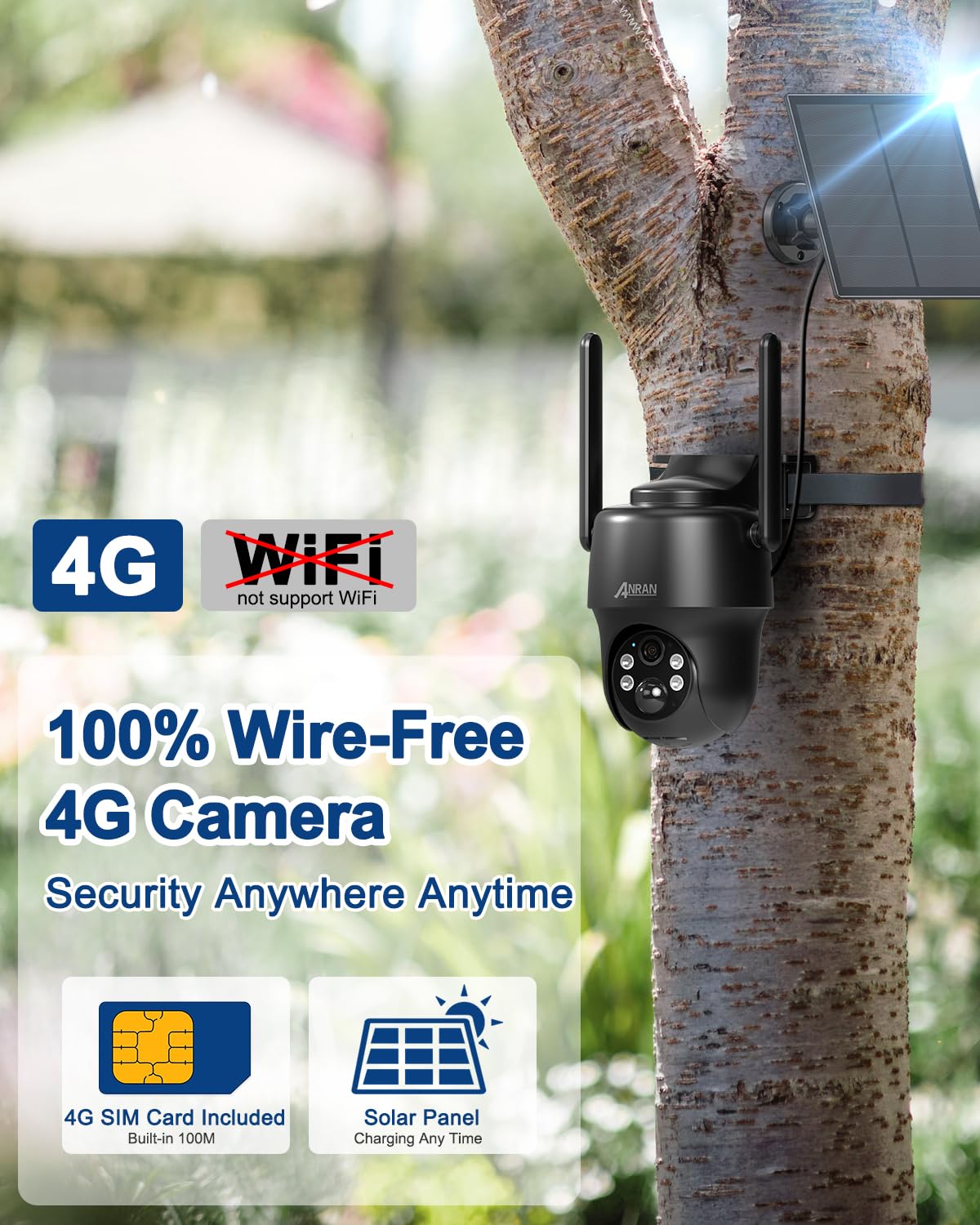 ANRAN 4G LTE Security Camera: 2K Solar Camera Wireless Outdoor with SIM & 32GB SD Card, No WiFi Needed, Night Vision, 360° Pan-Tilt, PIR Motion Detection, 2-Way Audio, Free One Month Data Traffic