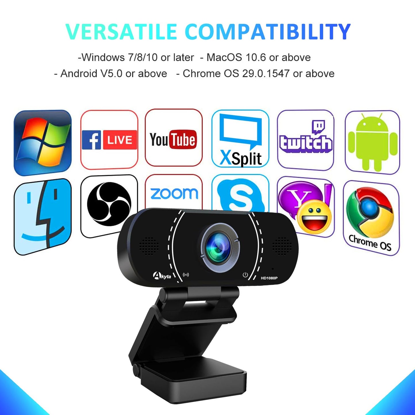 Akyta Web Camera for Laptop, 1080P Webcam with Noise-Canceling Microphone/Privacy Cover & Wide Angle 110°, USB Web Camera for Desktop Computer PC Mac Video Calling/Streaming/Zoom Conference