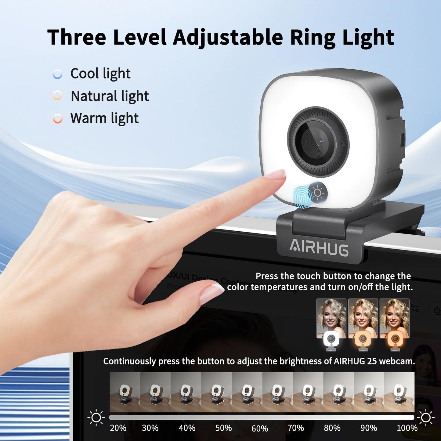 AIRHUG 4K Webcam, Webcam with Microphone, Adjustable Light Computer Camera with Privacy Cover, USB Plug and Play for Laptop Video Calling