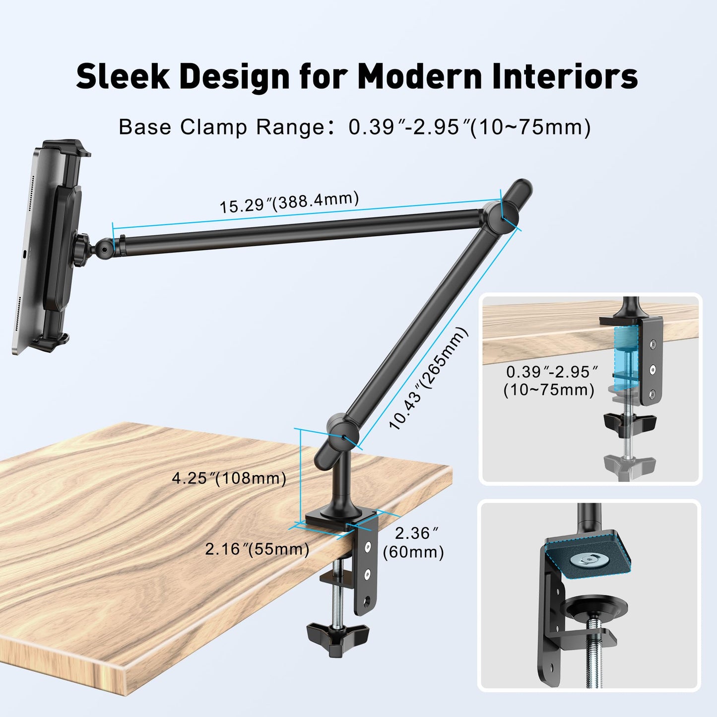 AboveTEK Tablet Stand Holder, Aluminum iPad Holder for Desk & Bed, Adjustable Arm Clamp Mount with 360° Rotation, Overhead Compatible with 4.7"-13.5" iPad Pro/Air/Mini, iPhone, Galaxy Tab- Black