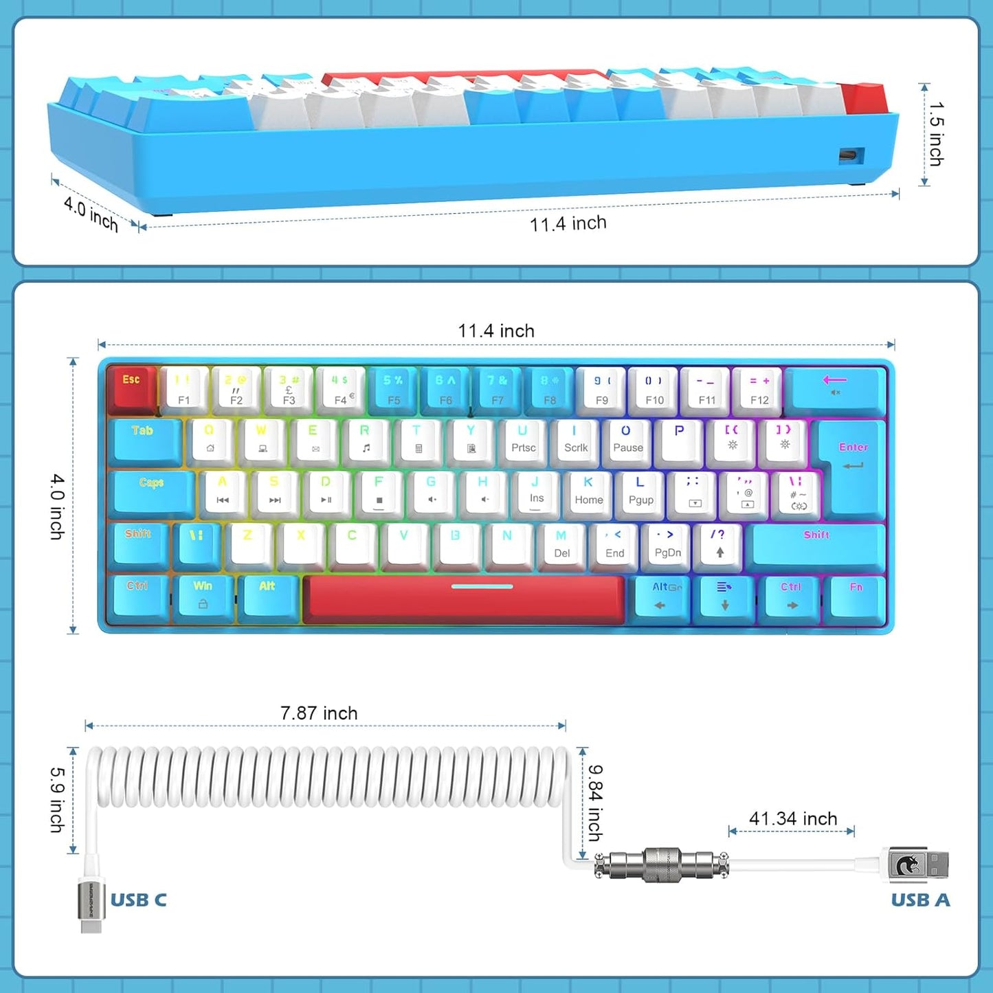 ZIYOU LANG RK-T60 Wired Mechanical Gaming Keyboard and Mouse Combo Portable with Rainbow Backlit 62Key NKRO 6400DPI RGB Honeycomb Mice Coiled Aviator Cable for PS4/PC/WIN Gamer(Light Gray/Red Switch)