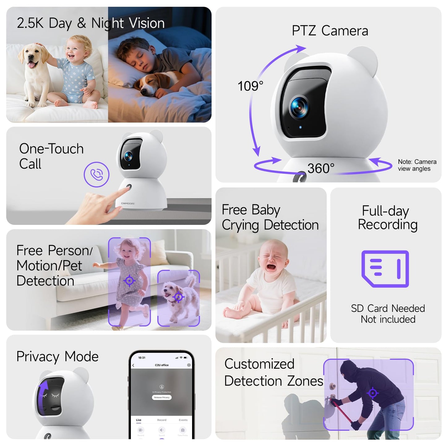2.5K Security Camera Indoor, Non-Subscription AI Person/Pet/Cry Detection, 4MP Pet/Dog/Cat Camera w/Phone App, Pan Tilt 2.4GHz WiFi Cameras for Home Security, IR Night Vision, Full Duplex 2-Way Audio