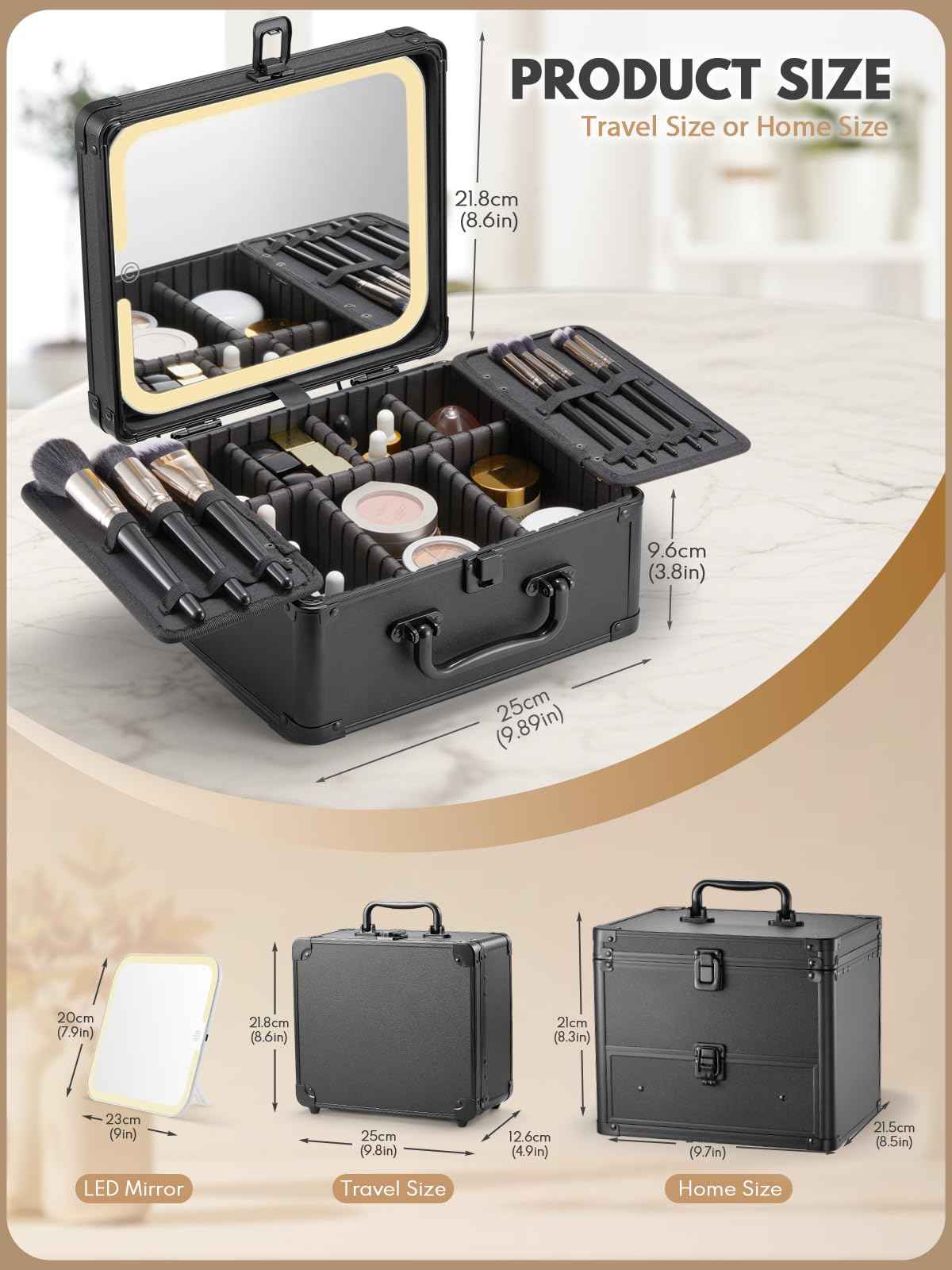 OMIRO Makeup Case, Travel Makeup Bag with Light Up Mirror Set, Makeup Organizer Box with Magnet Travel Makeup Mirror for Women (Rose Gold)