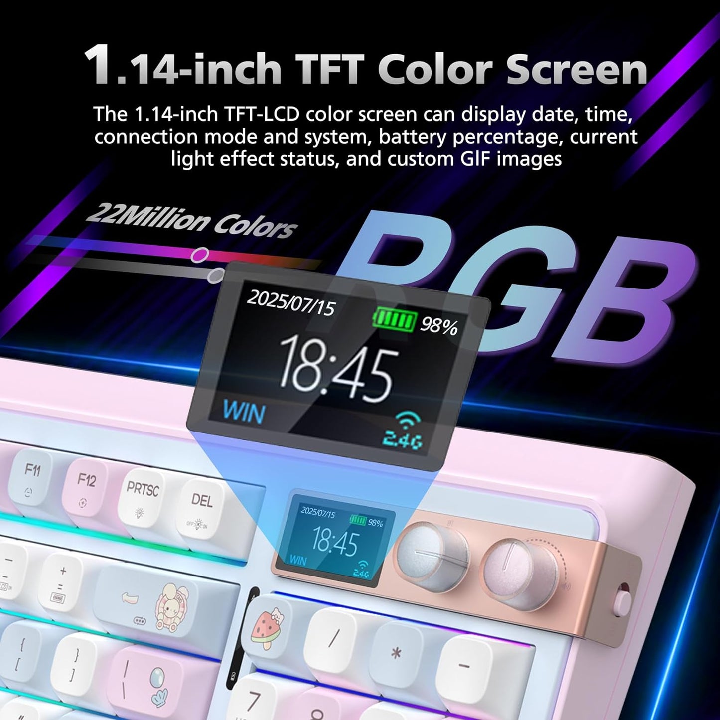 98% Mechanical Gaming Keyboard,96 Keys Full Key Rollover Wireless Keyboard Hot Swappable Gasket Structure,Bluetooth,2.4GHz,USB-A to C 3-Mode,with Screen,RGB,PBT Keycaps,for PC Laptop (Pink)