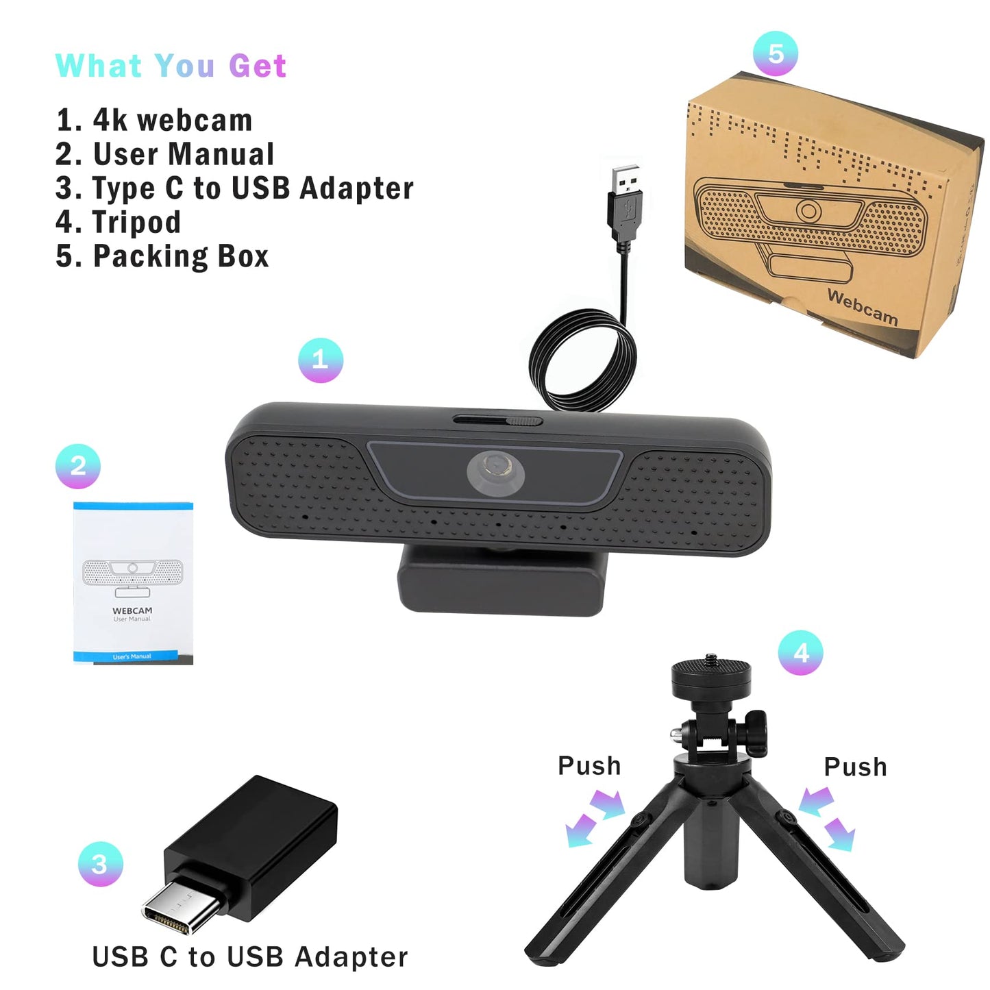 Akyta 4K Webcam with 4 Noise-Canceling Microphones-Privacy Cover-Tripod, AutoFocus Computer Web Camera for Desktop, 4K USB C Webcam for PC/Laptop/Desktop Computer/Teams/Zoom/YouTube Streaming