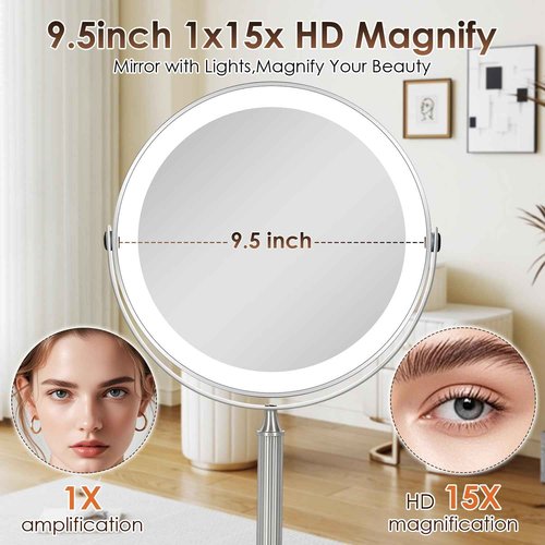 VESAUR 15X Magnifying Mirror with Light, 9.5 Large 5000mAh Rechargeable Double Sided HD Lighted Makeup Mirror with 3 Touch Dimmable Light, 360° Swivel Detachable for Travel Vanity Mirror Nickel, Gifts