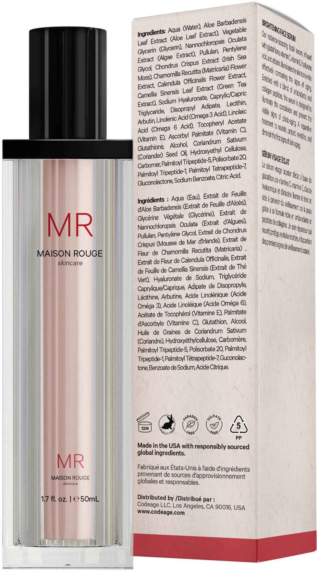 Maison Rouge Brightening Face Serum by Codeage - Glutathione Serum, Vitamin C, E, Hyaluronic Acid, Collagen - Radiance Enhancing - Parabens and Sulfates-Free - Refillable - All Skin Types - 1.7 fl oz