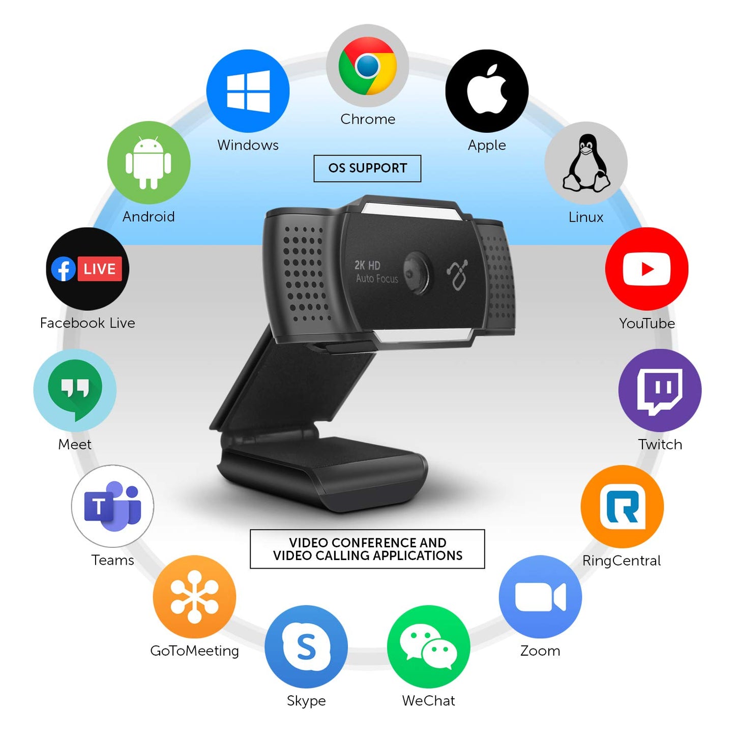 Aluratek 2K HD Webcam with Dual Stereo Noise Cancelling Mics, Auto Focus and Low Light Correction, Built-in Tripod Mount, Universally Compatible