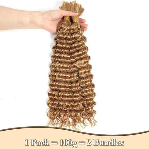 Fabimiya Deep Curly Braiding Human Hair 100g 20 Inch Color 27 Honey Blonde Deep Water Wave Bulk Human Hair for Braiding 10A No Weft Brazilian Virgin Deep Curly Human Hair Extensions for Boho Braids