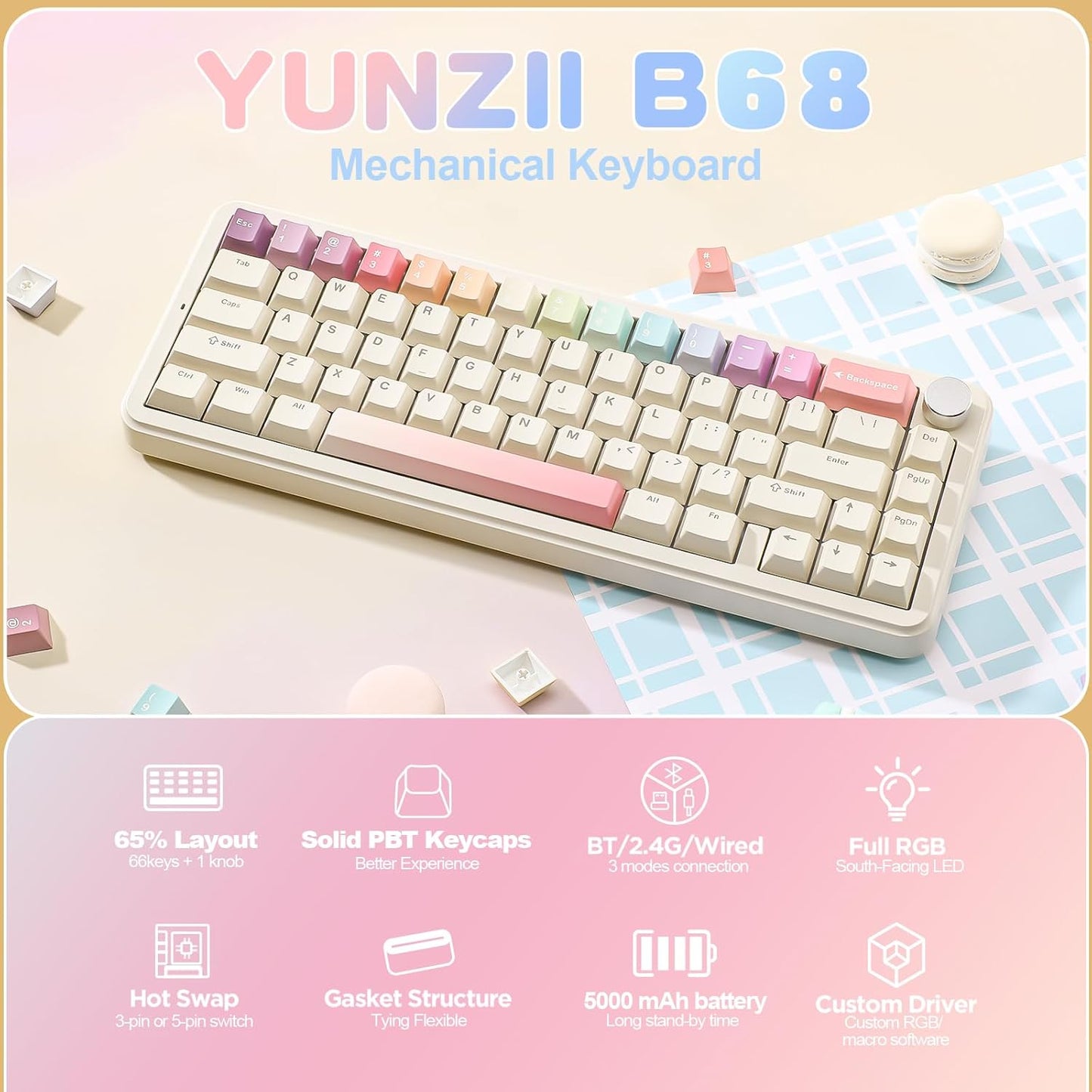 YUNZII B68 Wireless Mechanical Keyboard(Beige, Cocoa Cream V2 Switch), Keyboard Wrist Rest(Cat)